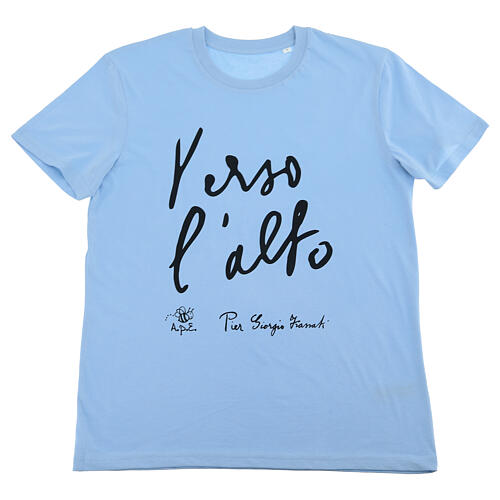 Camiseta azul em algodão biológico com estampa preta "Para o alto" Pier Giorgio Frassati 1