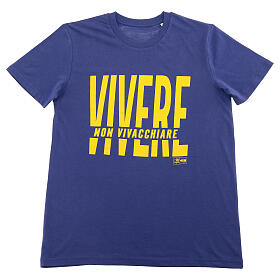 Camiseta azul algodón bio estampado amarillo ''Vivir, no sobrevivir'' Piergiorgio Frassati