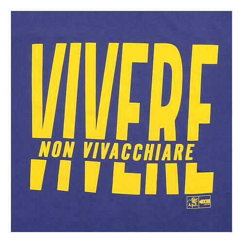 T-shirt bleu coton bio jaune « Vivre, ne pas vivoter » Pier Giorgio Frassati 2