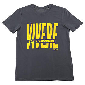 Camiseta antracita algodón orgánico estampado amarillo ''Vivir, no sobrevivir'' Piergiorgio Frassati