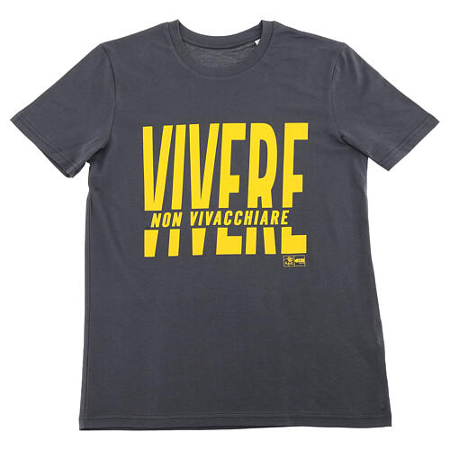 Camiseta antracite em algodão biológico com estampa amarela "Viver, não ir vivendo" Pier Giorgio Frassati 1