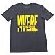 Camiseta antracite em algodão biológico com estampa amarela "Viver, não ir vivendo" Pier Giorgio Frassati