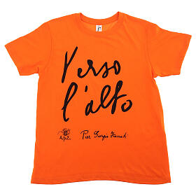 T-shirt bimbo arancione cotone bio stampa nera ''Verso l'alto'' Piergiorgio Frassati