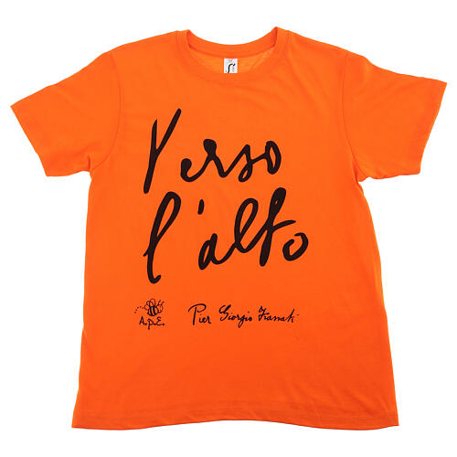 Camiseta criança laranja em algodão biológico estampa preta "Para o alto" Pier Giorgio Frassati 1