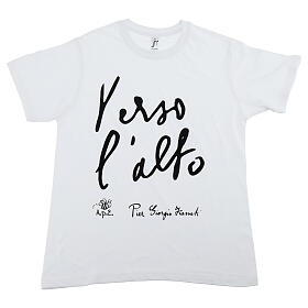 T-shirt bimbo bianca cotone bio stampa nera ''Verso l'alto'' Piergiorgio Frassati