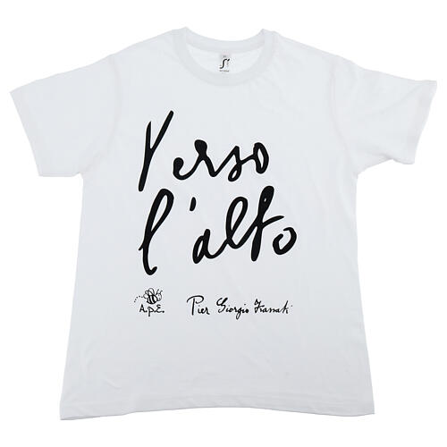 T-shirt bimbo bianca cotone bio stampa nera ''Verso l'alto'' Piergiorgio Frassati 1