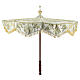 Ivory processional umbrella with gold JHS embroidery and floral scrolls s3