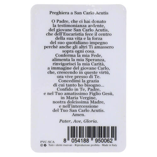 Heiligenbildchen Carlo Acutis – mit Gebet, laminiert 10 × 5 cm 2