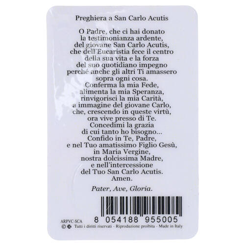 Image plastifiée Saint Carlo Acutis, bas-relief argenté résiné, ITA 2