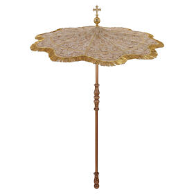 Processional umbrella with golden fringes and floral scrollwork, 63 in