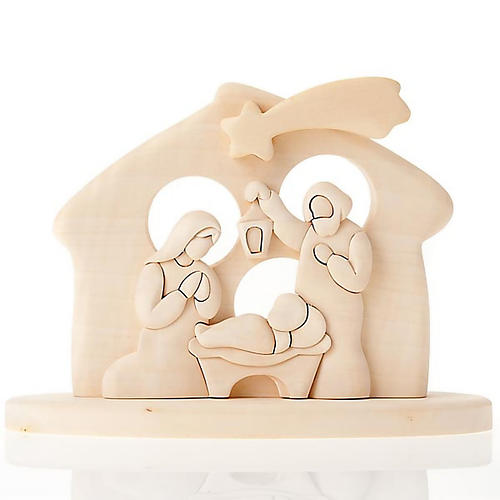 Bas-relief in natural wood, Nativity Azur Loppiano 20x15cm 1