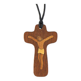 Collier bois Azur Loppiano croix Christ marqueté 5x3 cm