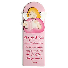 Pink picture of the Guardian Angel, wood, Azur Loppiano, 11x4 in