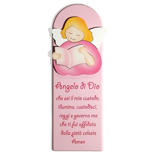 Pink picture of the Guardian Angel, wood, Azur Loppiano, 11x4 in 1