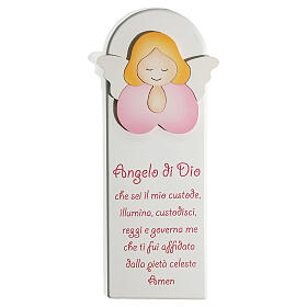 White picture of pink Angel with prayer, wood, Azur Loppiano, 12x5 in
