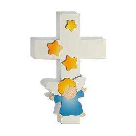 Cross with blue angel and stars, white wood, Azur Loppiano, 8x6 in