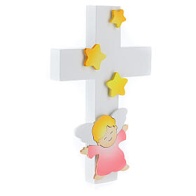 Cross with pink angel and stars, white wood, Azur Loppiano, 8x5 in