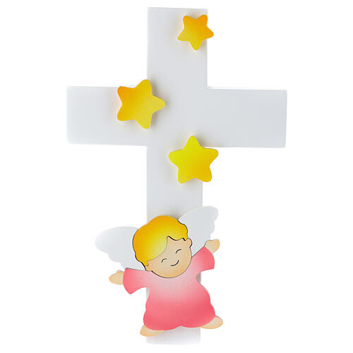 Cross with pink angel and stars, white wood, Azur Loppiano, 8x5 in 1