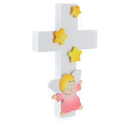 Cross with pink angel and stars, white wood, Azur Loppiano, 8x5 in 2