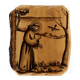 Olivewood painting of Saint Francis preaching to birds 7x9 in