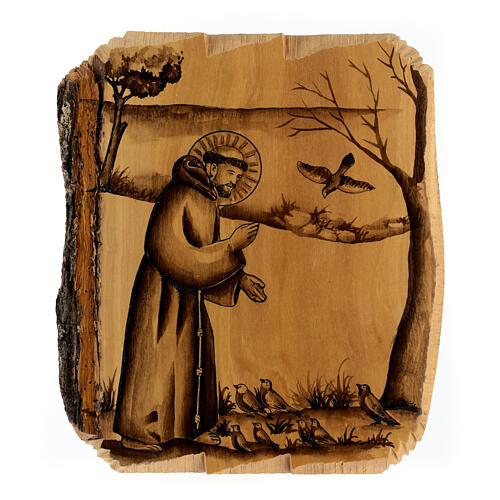Olivewood painting of Saint Francis preaching to birds 7x9 in 1