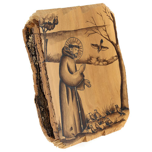 Olivewood painting of Saint Francis preaching to birds 7x9 in 2