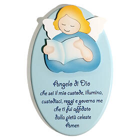Oval wooden ornament with blue Guardian Angel, Azur Loppiano, 9x5 in