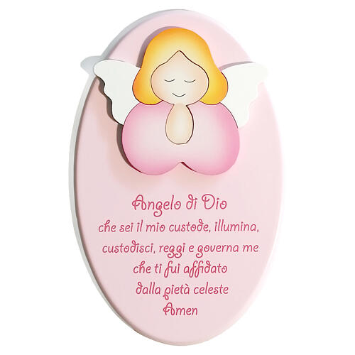 Oval wooden ornament with pink Guardian Angel, Azur Loppiano, 9x5 in 1
