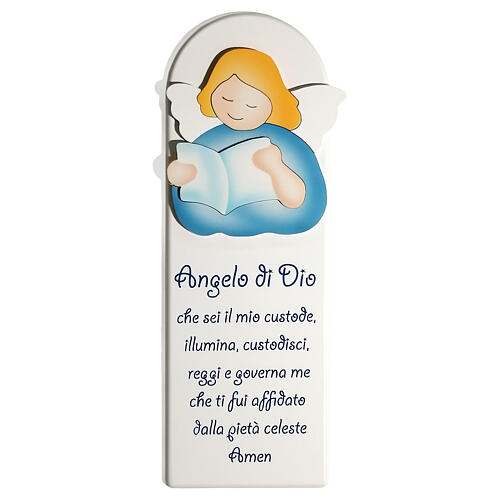 Wooden ornament of the Guardian Angel, blue angel, Azur Loppiano, 11x4 in 1