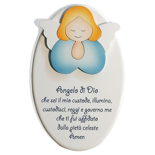 Oval wooden ornament with blue praying angel, Azur Loppiano, 9x6 in 1