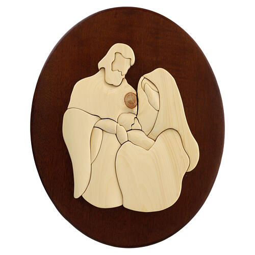 Płaskorzeźba Święta Rodzina, drewno mahoniowe 35x30 cm, owalny kształt 1