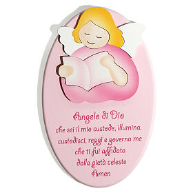 Pink oval ornament with reading angel and prayer, Azur Loppiano, 9x6 in