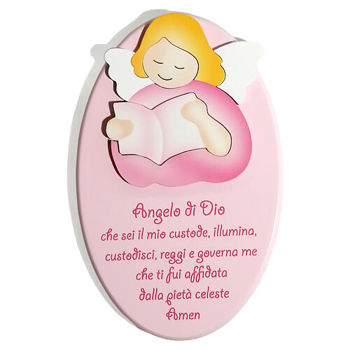 Pink oval ornament with reading angel and prayer, Azur Loppiano, 9x6 in 1