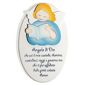Blue oval ornament with reading angel and prayer, Azur Loppiano, 9x6 in
