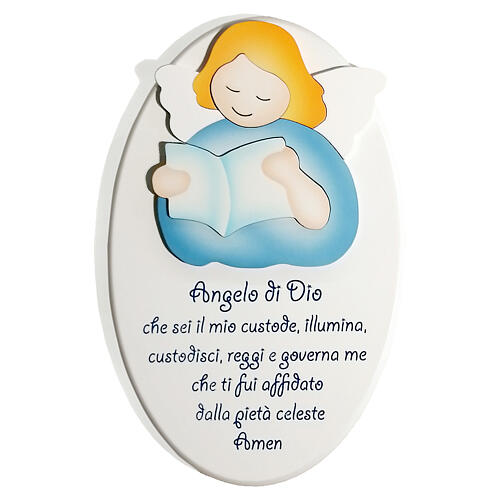 Blue oval ornament with reading angel and prayer, Azur Loppiano, 9x6 in 1