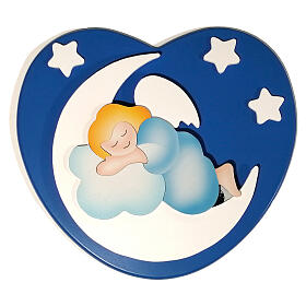 Dark blue heart-shaped ornament with blue sleeping angel, wood, Azur Loppiano, 10x10 in