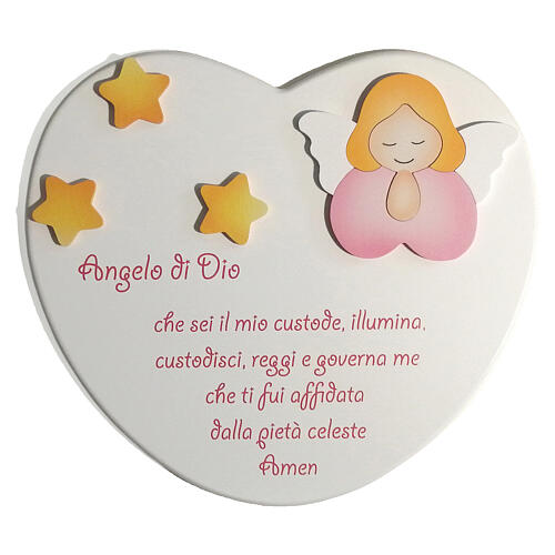 Coração branco com anjo cor-de-rosa e oração ITA madeira Azur Loppiano 25x25 cm 1