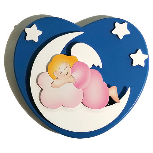 Dark blue heart-shaped ornament with pink sleeping angel, wood, Azur Loppiano, 10x10 in 1