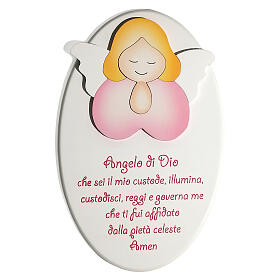 Oval wooden ornament with pink praying angel, Azur Loppiano, 9x6 in