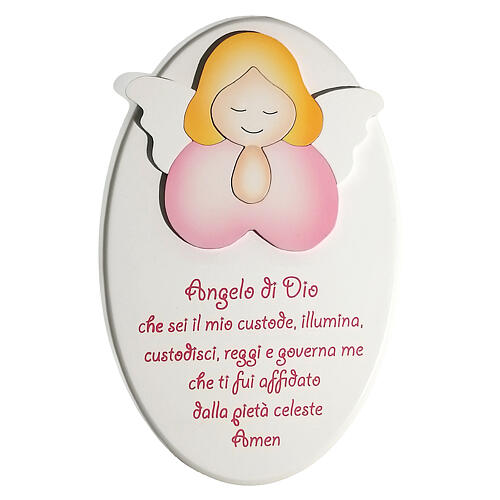 Oval wooden ornament with pink praying angel, Azur Loppiano, 9x6 in 1