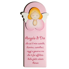 Pink picture of praying angel with ITA prayer, wood, Azur Loppiano, 12x5 in