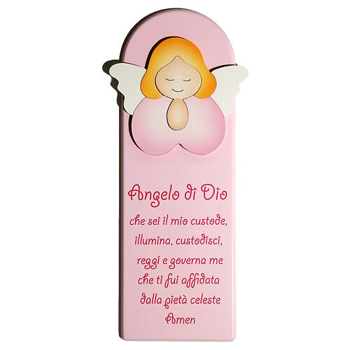 Pink picture of praying angel with ITA prayer, wood, Azur Loppiano, 12x5 in 1
