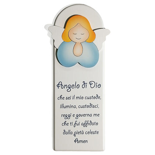 White picture of blue praying angel with ITA prayer, wood, Azur Loppiano, 12x5 in 1