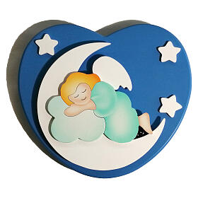 Dark blue heart-shaped ornament with green sleeping angel, wood, Azur Loppiano, 10x10 in