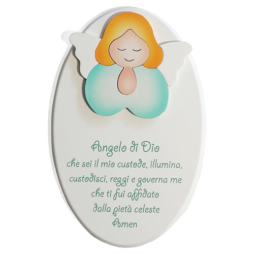 Oval wooden ornament with green praying angel, Azur Loppiano, 9x6 in 1