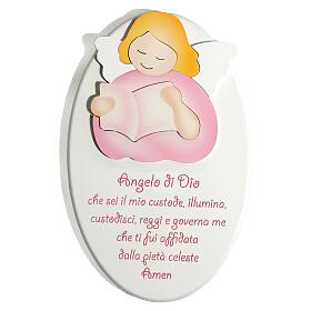 Oval wooden ornament with pink reading angel, Azur Loppiano, 9x6 in