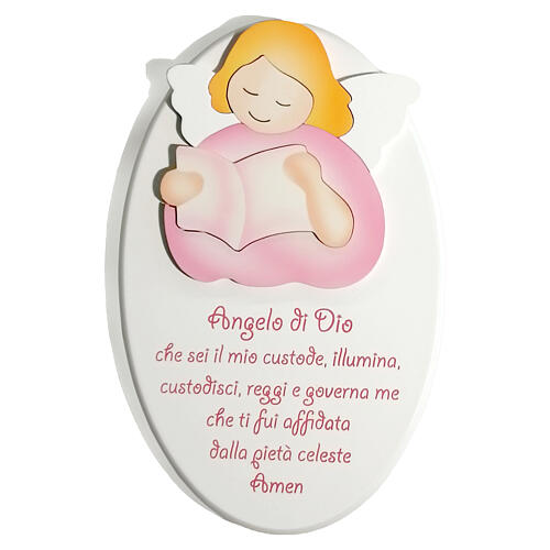 Enfeite oval com anjo cor-de-rosa lendo e oração ITA Azur Loppiano 25x15 cm 1