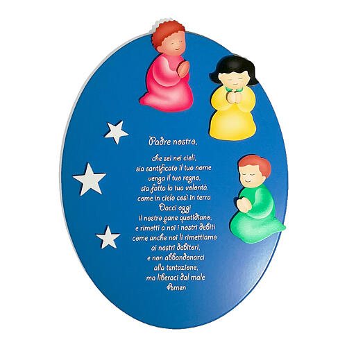Oval wooden ornament with Our Father prayer and angels, Azur Loppiano, 12x9 in 3