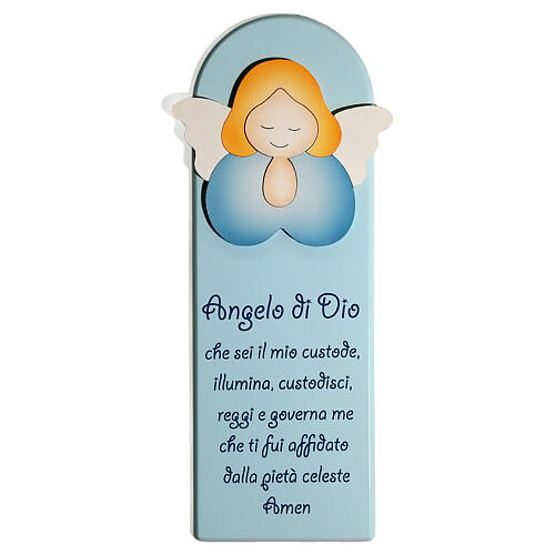 Blue picture of praying angel with ITA prayer, wood, Azur Loppiano, 12x5 in 1