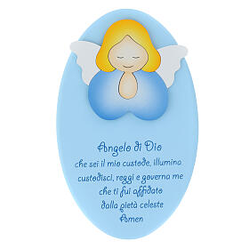 Ovale bleu Ange de Dieu ange mains jointes bois Azur Loppiano 22x15 cm